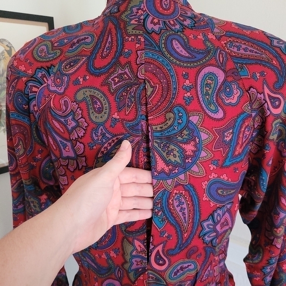 Vintage 70s Burgundy Paisley Button Front Long Sleeve Pleated Shirt Dress Size 4 - Picture 13 of 16